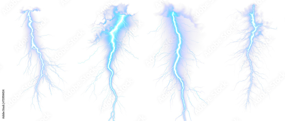 Blue Lightning bolt strike set. Isolated transparent background. Zeus, God, Jupiter, Thor, mythology concepts. Shock and energy glow. Fractal light burst flair. Fantasy glowing transparent PNG.  - obrazy, fototapety, plakaty 