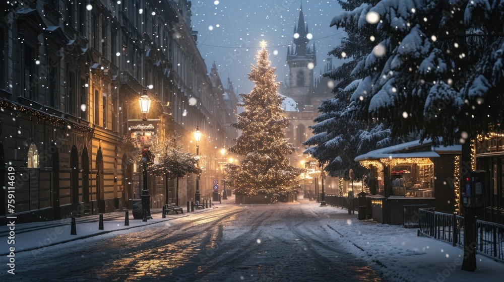 Holiday decoration in street with beautiful historical buildings in winter with snow and fog in Prague city in Czech Republic in Europe. Holiday decoration in street with beautiful historical buildings in winter with snow and fog in Prague city in Czech Republic in Europe.