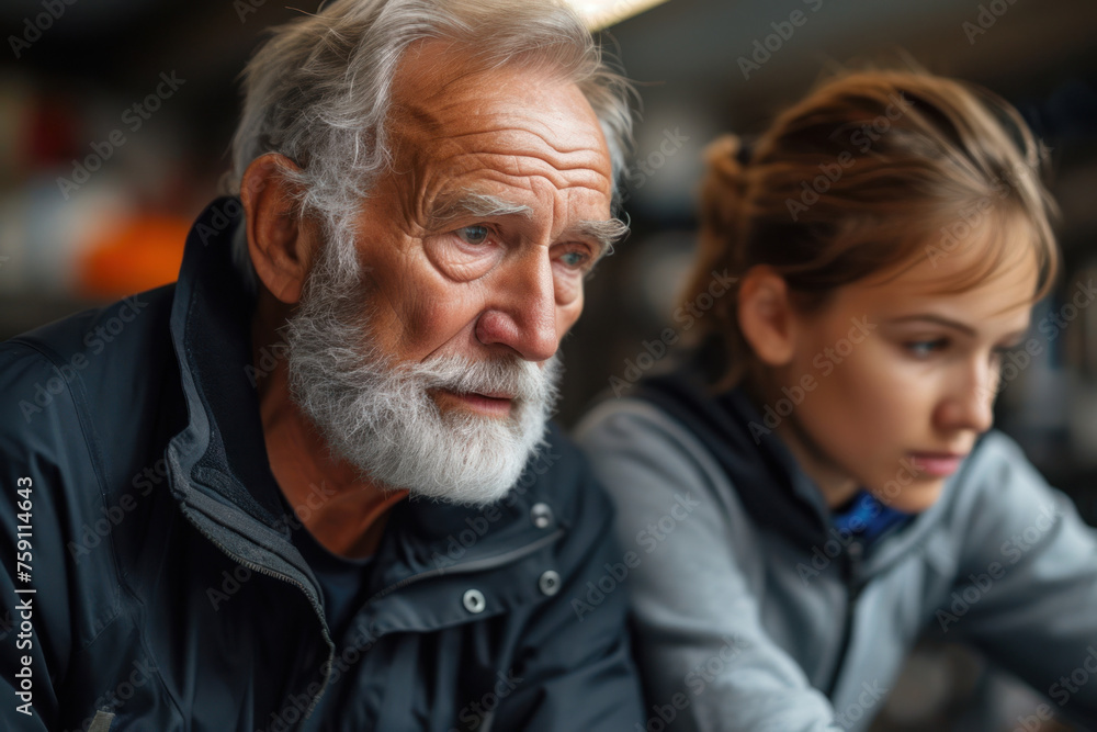 Elderly man getting support from a personal trainer in the gym Elderly man getting support from a personal trainer in the gym