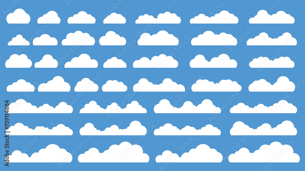 Set of Different Clouds Isolated on Blue Background