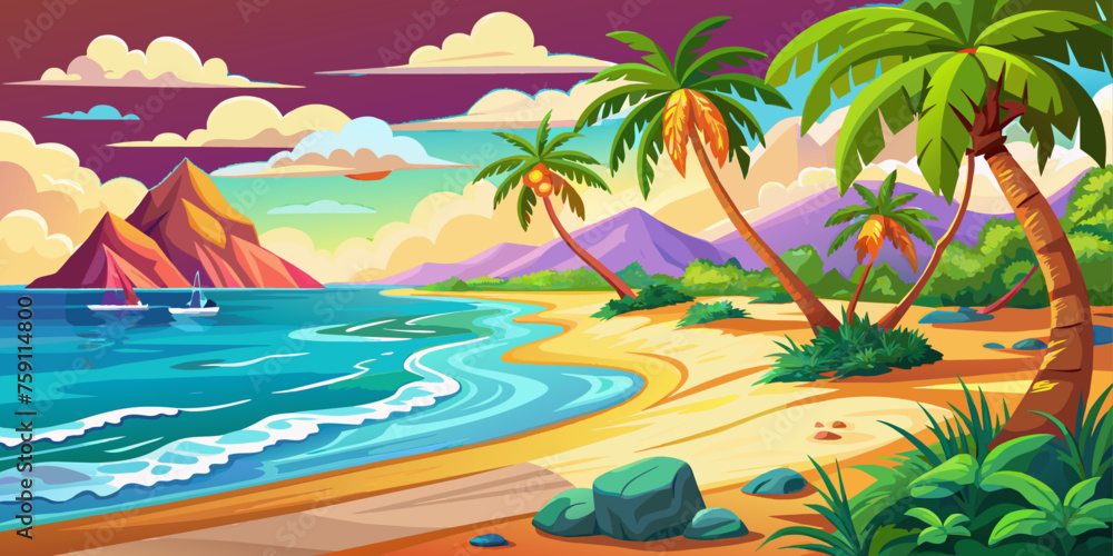 Tropical beach with palm trees and sand. Seascape with ocean and mountains. Vector cartoon illustration
