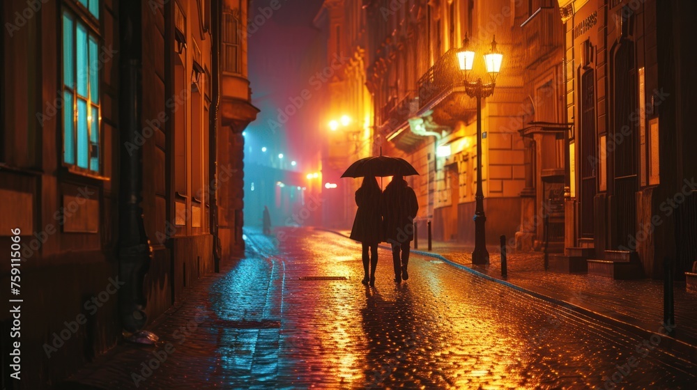 Silhouette of a couple in love in street with historic buildings in the city of Prague, Czech Republic in Europe.
