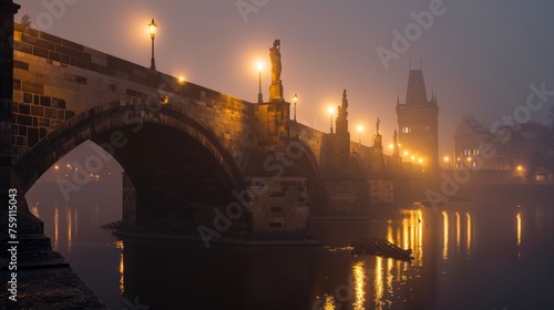 Charles Bridge with beautiful historical buildings of Prague city in Czech Republic in Europe.