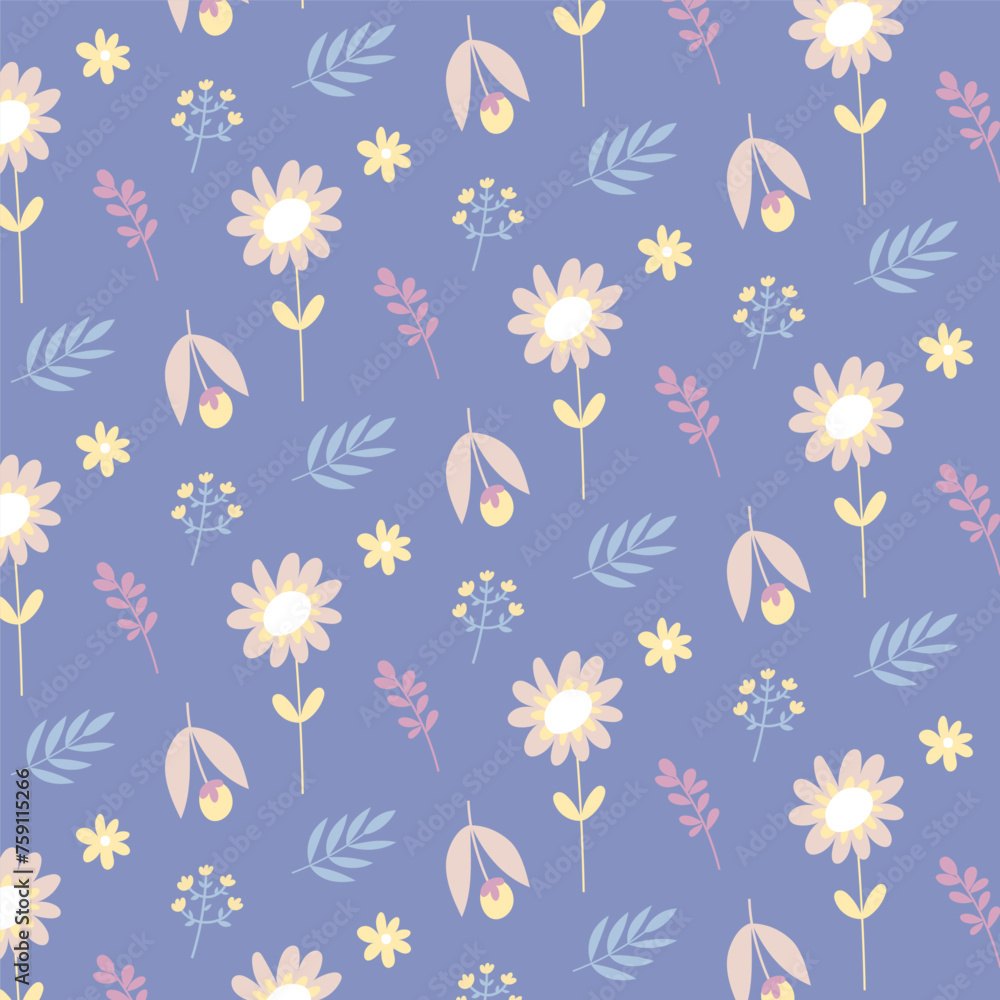 Cute spring floral pattern on blue background. Seamless vector texture for textile and prints. Cute spring floral pattern on blue background. Seamless vector texture for textile and prints.
