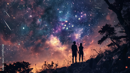 Silhouetted couple holding hands under a mesmerizing night sky filled with stars, nebulae, and shooting stars. 