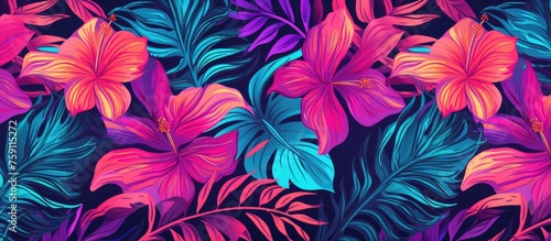 Tropical seamless pattern with palm leaves and ethnic aloha rapport.