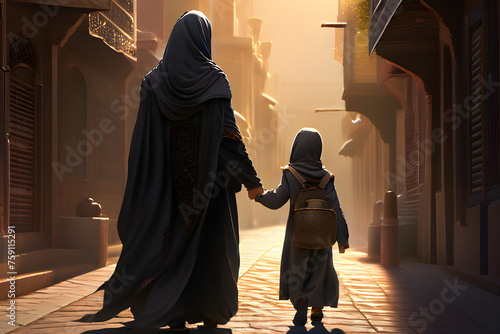 Uma mãe muçulmana, caminhando por uma rua da cidade, ao entardecer, de mãos dadas com sua filha, photo