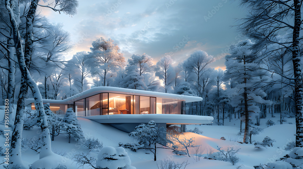 A tranquil snowy forest with a modern cottage invites you to step into nature's frozen beauty.
