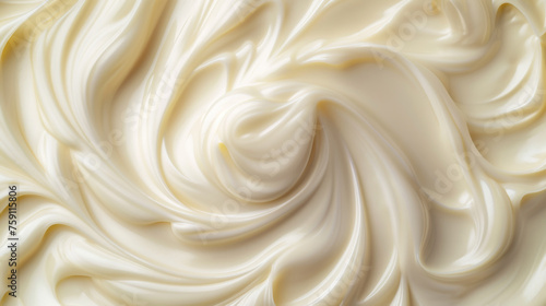 Close up of Creamy Vanilla Yogurt or Cream Detail Texture Background. Macro Top View of Healthy Natural Organic Yoghurt Surface or Beauty Skin Care Cream Balm Cosmetic Product Backdrop Wallpaper 