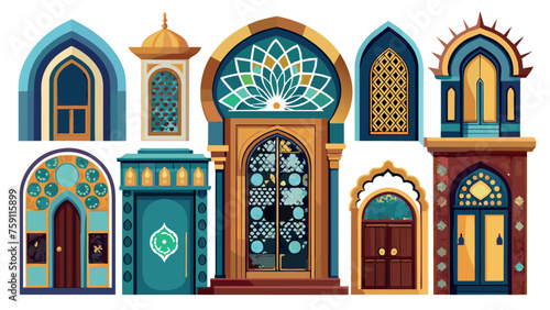 Set of vector Islamic door and window shapes. Arabic vintage arch windows and doors in traditional silhouettes. Oriental architecture elements template of eastern door. Vector illustration