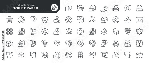Set of line icons in linear style. Series - Toilet paper, roll and napkins. Outline icon collection. Conceptual pictogram and infographic.