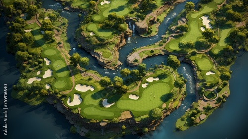 Aerial view of lush, manicured fairways and greens of a sprawling golf course with bunkers and water hazards