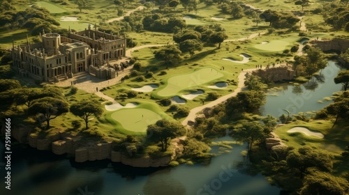A captivating aerial view of a lush green golf course nestled amidst a sea of surrounding trees