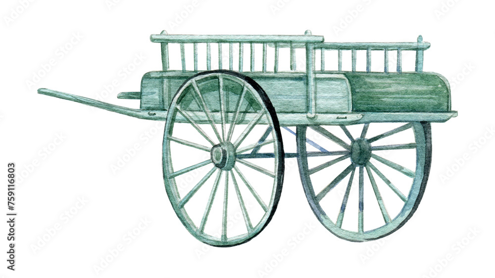 Watercolor light blue wooden wheelbarrow, Farmhouse rustic garden transportation illustration