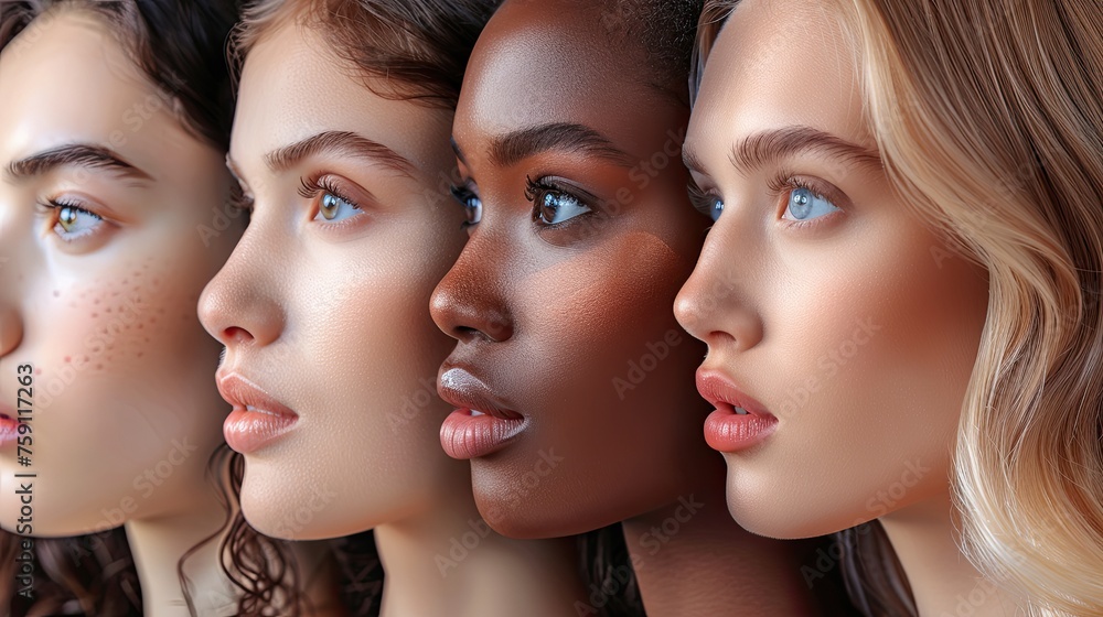 Four-faced portrait of women in a line, different ethnicities. Four-faced portrait of women in a line, different ethnicities.