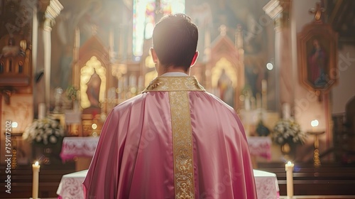 Rear view of a Catholic priest with cassock, inside a church celebrating a mass.