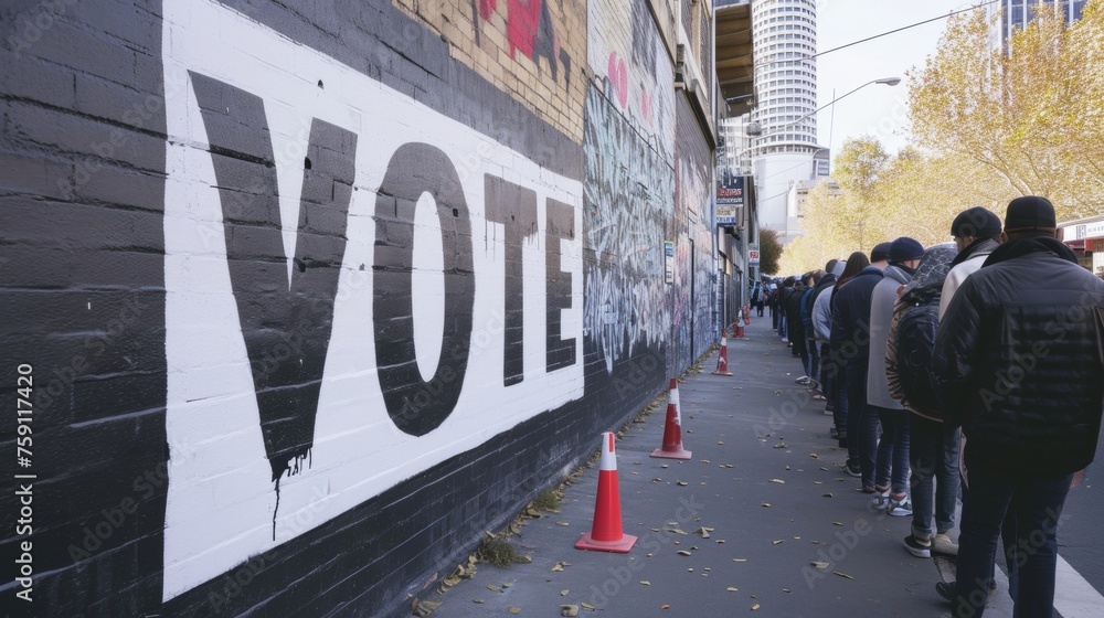 Voters wait in line to vote in voting season. - obrazy, fototapety, plakaty 