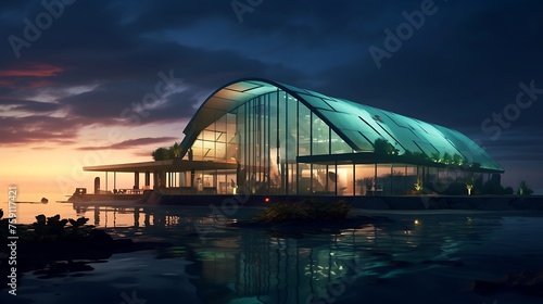 an AI-rendered image of a sleek futuristic greenhouse hovering over an ocean during twilight, with minimalistic design, incorporating greens and a dark reflective ambiance , Attractive look © Waqar