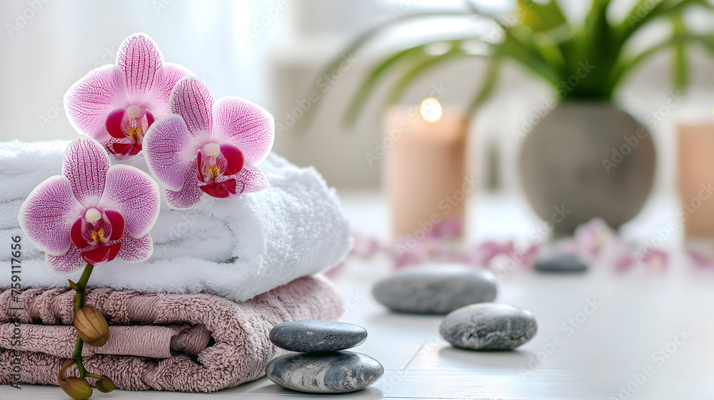 Serene Spa and Wellness Setting with Orchids and Zen Stones Serene Spa and Wellness Setting with Orchids and Zen Stones
