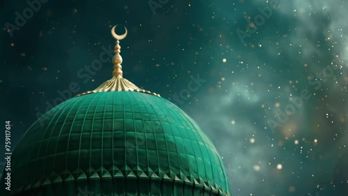 A green dome with a crescent on top. Ideal for religious or architectural concepts. photo