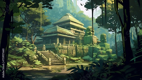 an AI-rendered image of a temple hidden in a jungle, embracing classic cartoon aesthetics  © Waqar
