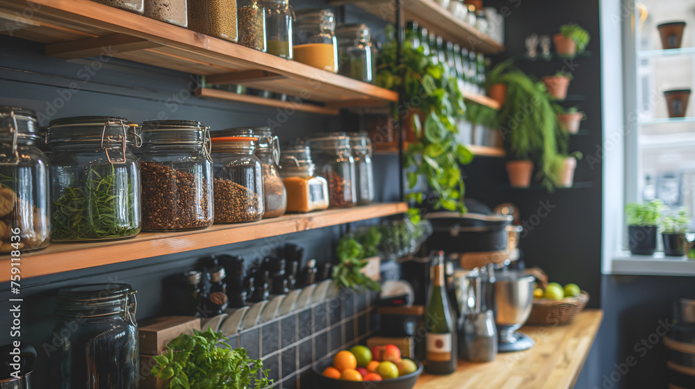 Stylish Modern Kitchen with Open Shelves and Glass Jars of Spices Stylish Modern Kitchen with Open Shelves and Glass Jars of Spices