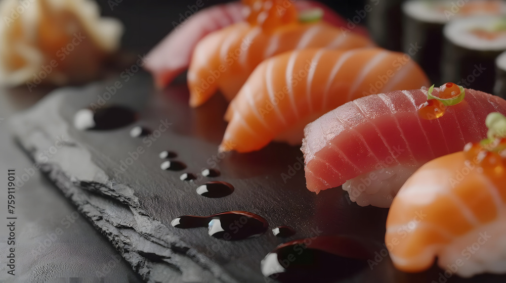 Elegant Assortment of Sushi and Sashimi on a Slate Board Elegant Assortment of Sushi and Sashimi on a Slate Board