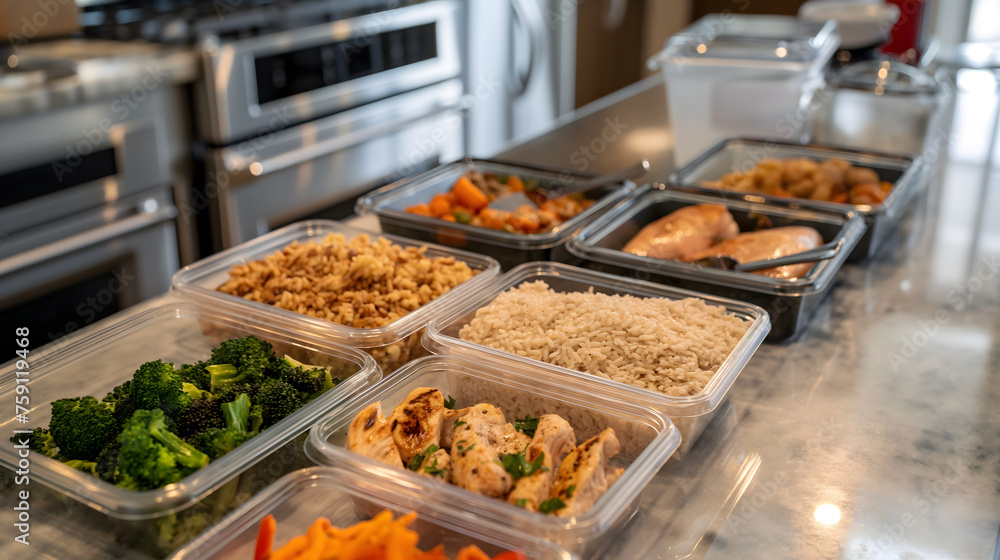 Healthy Meal Prep Containers with Balanced Food on Kitchen Counter