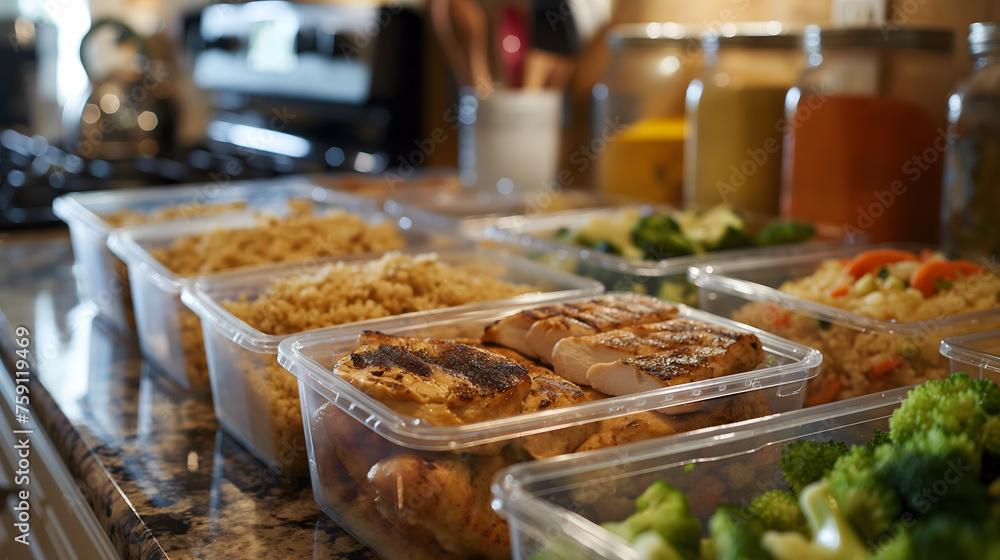 Healthy Meal Prep Containers with Balanced Food on Kitchen Counter Healthy Meal Prep Containers with Balanced Food on Kitchen Counter