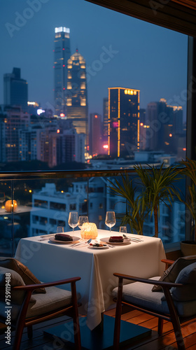Elegant Rooftop Dining Experience with City Skyline View at Dusk © slonme