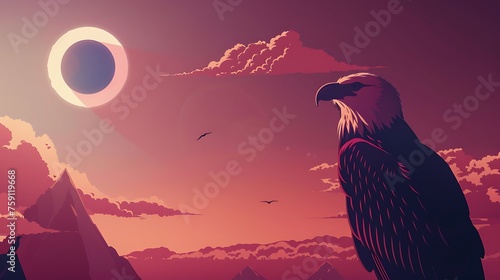 an artistic representation using AI, showcasing an eagle observing a solar eclipse with clouds in the background, set in a tilted panorama, and adorned with a triadic sapp photo