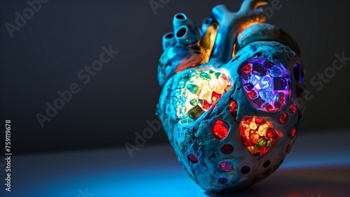 Anatomical human heart sculpture adorned with colorful gemstones and vibrant lighting, showcasing a fusion of biology and art. 