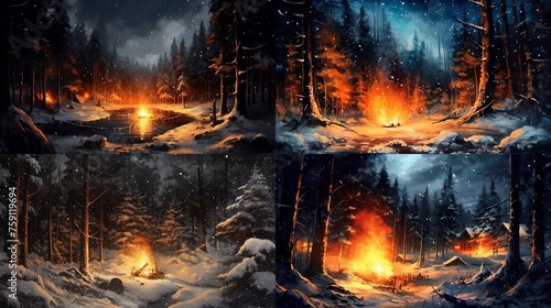 an artistic representation of a winter night where a fire in a forest creates a magical ambiance, contrasting with the surrounding snow , Attractive look