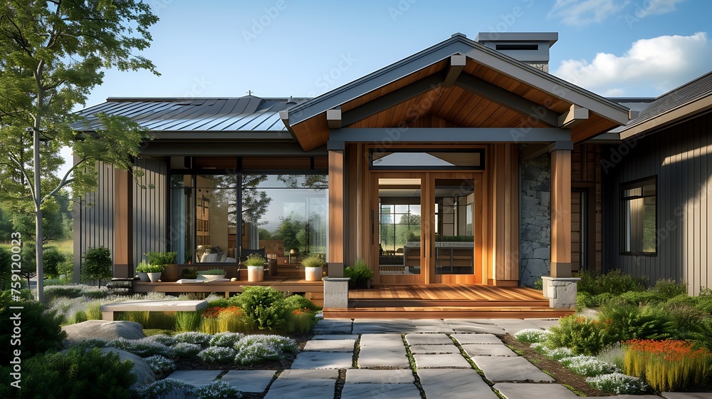 a visual representation of a contemporary farmhouse entrance with a wooden front door, glass window, and a porch