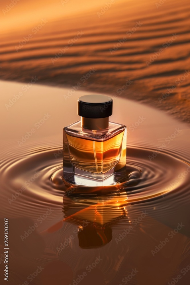 Elegant perfume bottle resting on the water's surface during sunset, surrounded by gentle ripples and warm golden tones Elegant perfume bottle resting on the water's surface during sunset, surrounded by gentle ripples and warm golden tones
