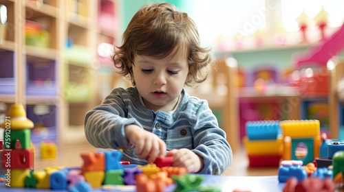 A young boy playing with blocks at the kindergarten