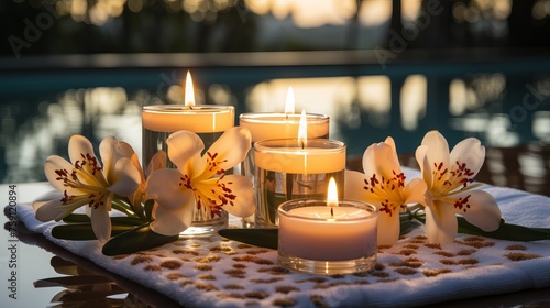 
Spa treatment set with essential oils, white towels and fragrant candles on a wooden table.
Concept: beauty and health, relaxation and self-care, fits perfectly into home procedures.
