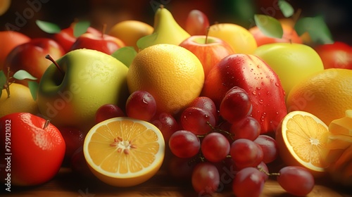 Fruits on wooden table. Fruits background. Healthy food. © shameem