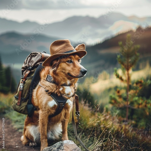 A dog hiking or engaging in outdoor activities with a backpack and a hat
