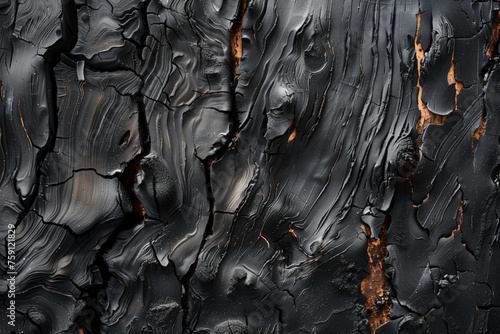 A black and charred wood surface with a lot of burnt marks. The texture of the wood is rough and uneven, giving it a rugged and aged appearance