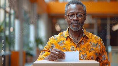 Middle aged African American man places his vote into ballot box. Male voter casting ballot at polling station. Concept of democracy, elections, civic duty, diversity. American presidential elections