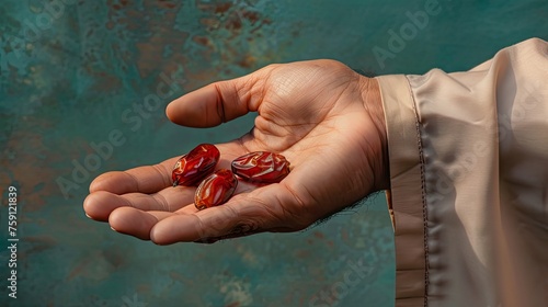 Woman Holding a Heap of Date Fruit Toward Camera. The Food Mostly Eating in Ramadan. Daylight, Close Up Shot. photo