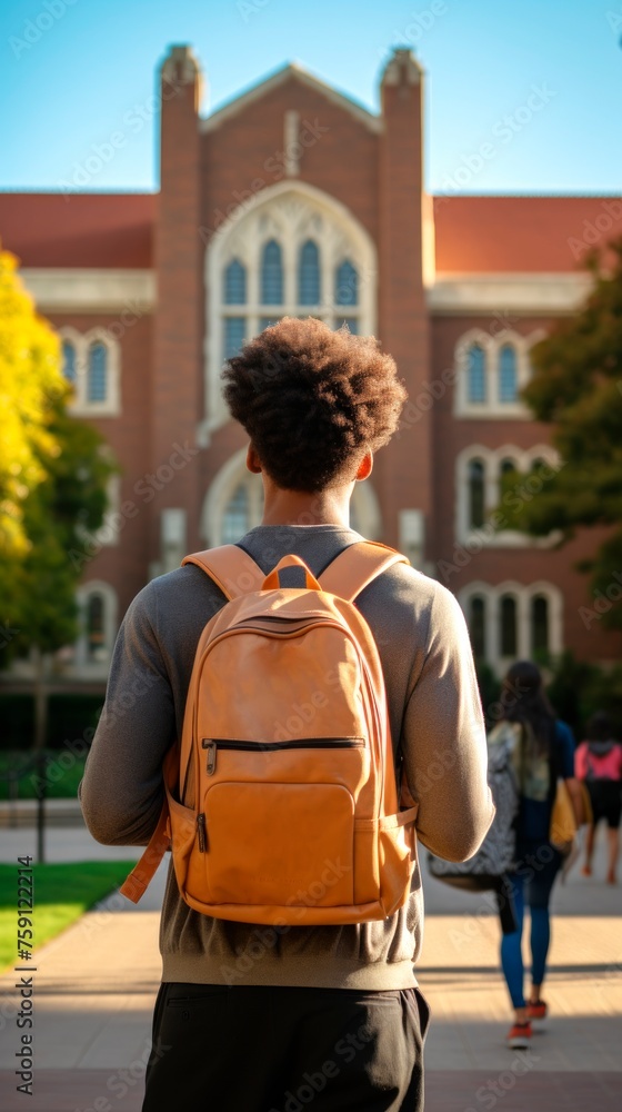 Black immigrant student in university campus. Young man refugee with backpack. Concept of education, new beginnings, immigrant journey, diversity, cultural assimilation. Vertical format Black immigrant student in university campus. Young man refugee with backpack. Concept of education, new beginnings, immigrant journey, diversity, cultural assimilation. Vertical format