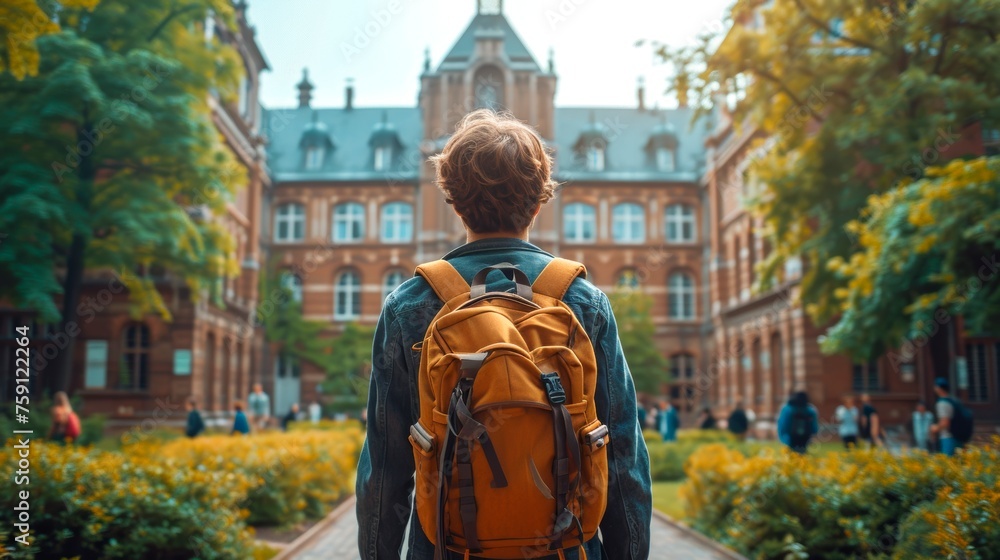 Young male student with backpack facing a college building. Back view of Caucasian man. Concept of new beginnings, educational journey, integration, and academic aspiration.