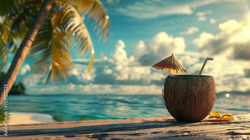 A delicious and refreshing cocktail served in a coconut shell against the turquoise ocean backdrop