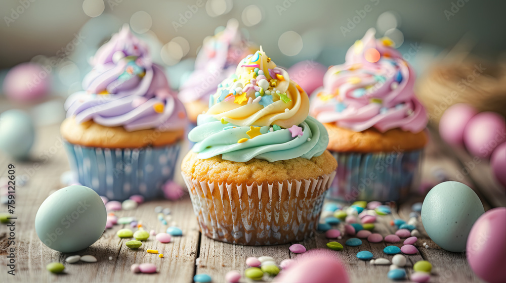 Easter cupcakes with vibrant icing set against a gray background Easter cupcakes with vibrant icing set against a gray background
