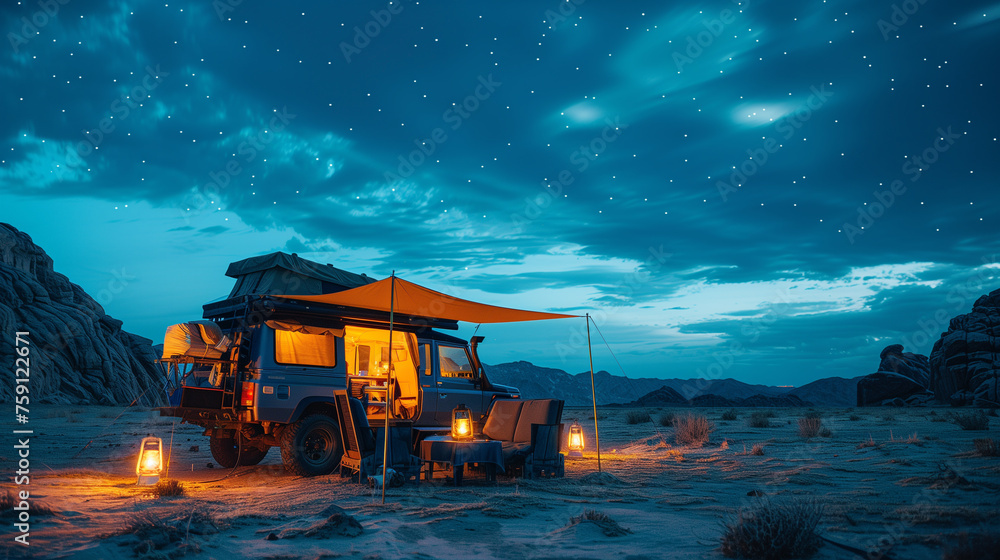 4X4 in the desert campsite during an adventure. 4X4 in the desert campsite during an adventure.