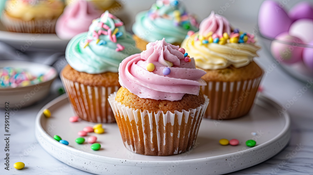 Cupcakes with bright icing on a gray background