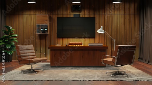 TV commercial studio interior room. interior of a Studio, news broadcasting, modern commercial room. No people, corporate infomercial studio. Generative AI photo