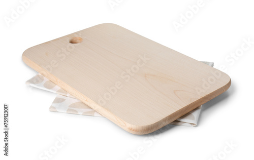 Wooden cutting board and kitchen towel on white background